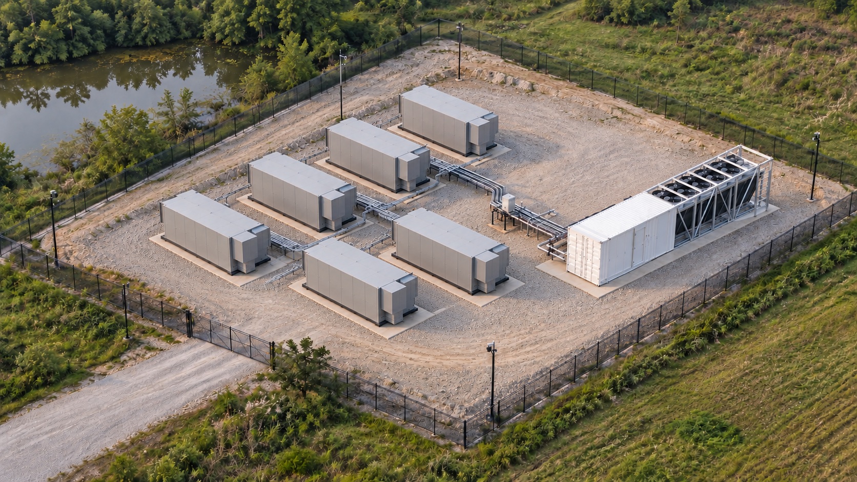 Concept view of six linear generators, site electrical equipment, and one liquid-cooled mining container at Humble, Texas